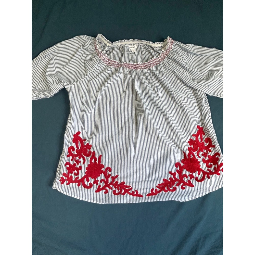 Westport Womens 3X Blue White Striped Red Embroidered Off Shoulder Cotton Blouse